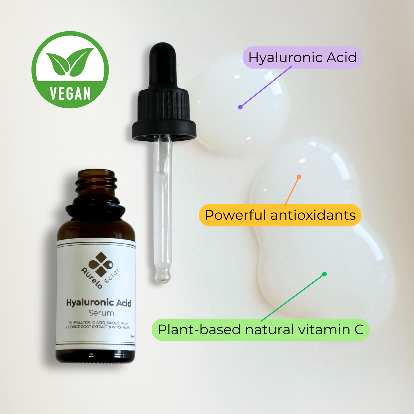 What's in Aurelo Eclat Vegan Hyaluronic Acid Serum - Hyaluronic Acid, Powerful antioxidents, Plant-based vVitamin C