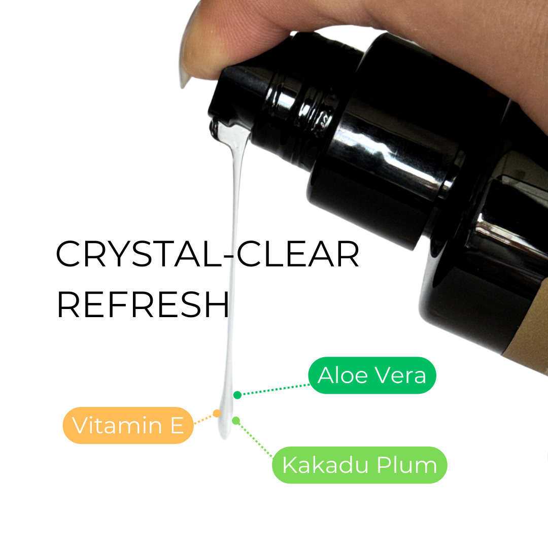 Crystal-clear Refresh with botanical ingredients of Aloe Vera, Vitamin E, Kakadu Plum: Hand holding soft, airy foam from Lumi Foam Gel Cleanser, showing its light and refreshing texture.